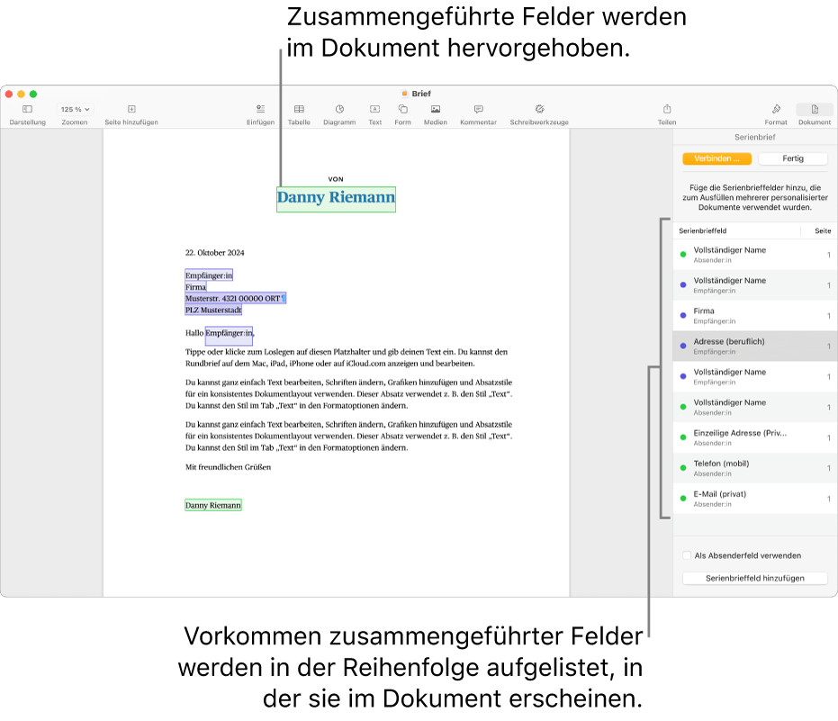 Pages-Dokument mit Serienbrieffeldern für Absender und Empfänger sowie der Liste der Serienbrieffeld-Instanzen in der Seitenleiste „Dokument“.