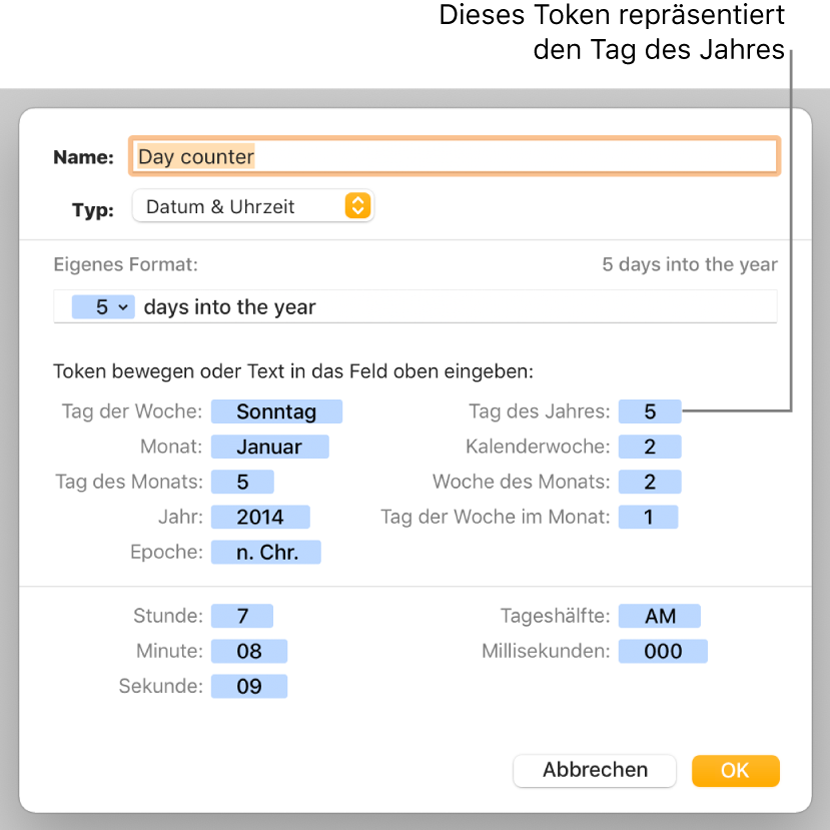 Das Fenster für ein eigenes Zellenformat mit Steuerelementen zum Auswählen eigener Datums- und Uhrzeitformatierung