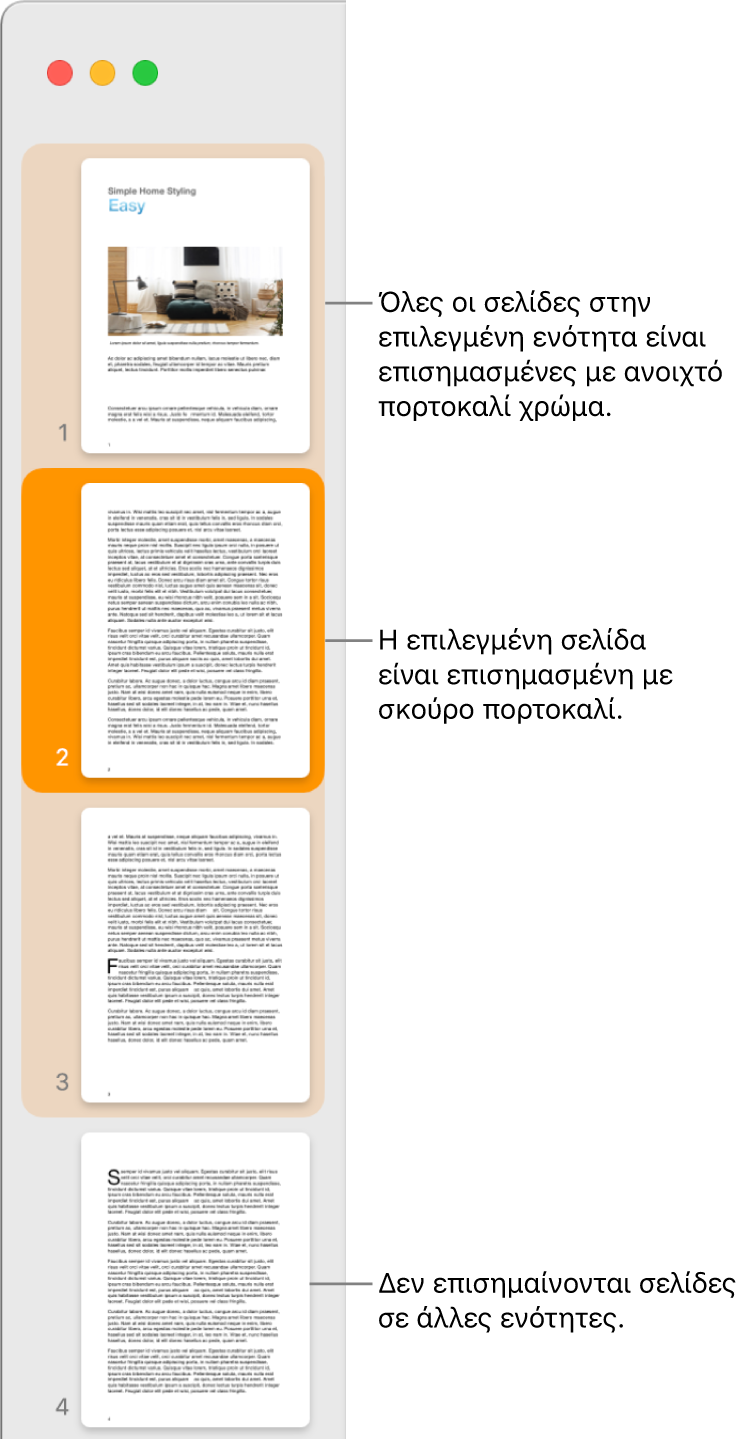 Η πλαϊνή στήλη προβολής μικρογραφιών με την επιλεγμένη σελίδα επισημασμένη με σκούρο πορτοκαλί και όλες τις σελίδες στην επιλεγμένη ενότητα επισημασμένες με ανοιχτό πορτοκαλί.