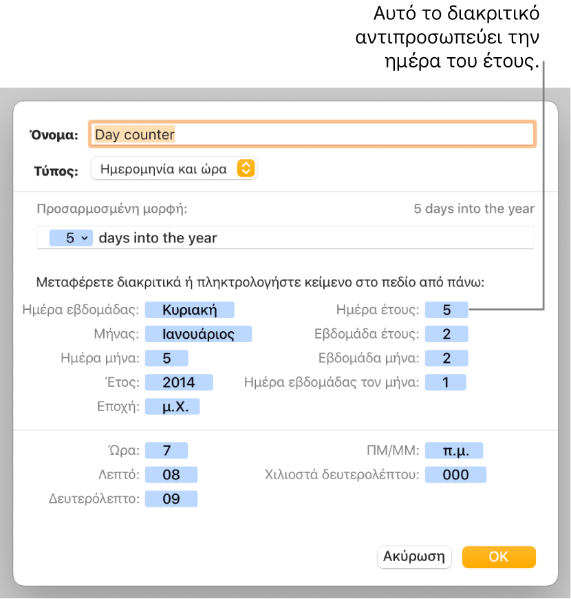 Το παράθυρο προσαρμοσμένης μορφής κελιού με στοιχεία ελέγχου για την επιλογή προσαρμοσμένης μορφοποίησης ημερομηνίας και ώρας.