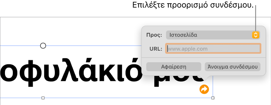 Τα στοιχεία ελέγχου του επεξεργαστή συνδέσμων με επιλεγμένη την «Ιστοσελίδα», και τα κουμπιά «Αφαίρεση» και «Άνοιγμα συνδέσμου» στο κάτω μέρος.