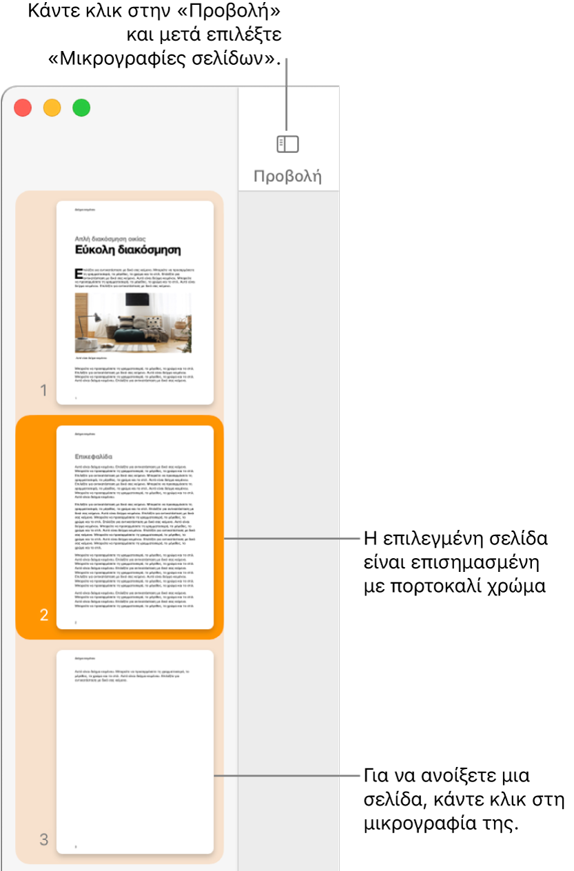 Η πλαϊνή στήλη στην αριστερή πλευρά του παραθύρου Pages με την προβολή μικρογραφιών σελίδων ανοιχτή και μια επιλεγμένη σελίδα επισημασμένη με σκούρο πορτοκαλί.