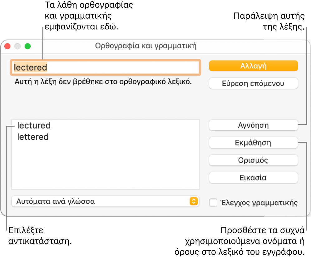 Το παράθυρο «Ορθογραφία και γραμματική».