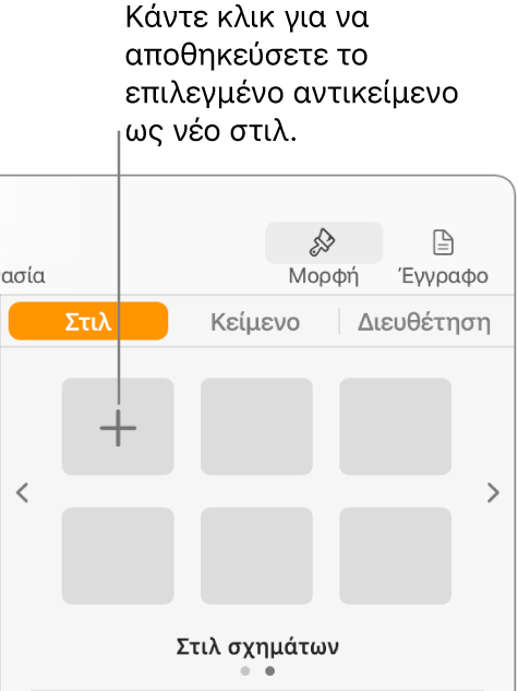 Η καρτέλα «Στιλ» στην πλαϊνή στήλη «Μορφή», με το κουμπί «Δημιουργία στιλ» στην πάνω αριστερή γωνία και πέντε κενά δεσμευτικά θέσης στιλ.