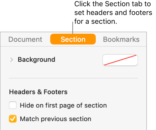 The Document sidebar with the Section tab at the top of the sidebar selected. The Headers & Footers section of the sidebar has tick boxes next to “Hide on first page of section” and “Match previous section”.