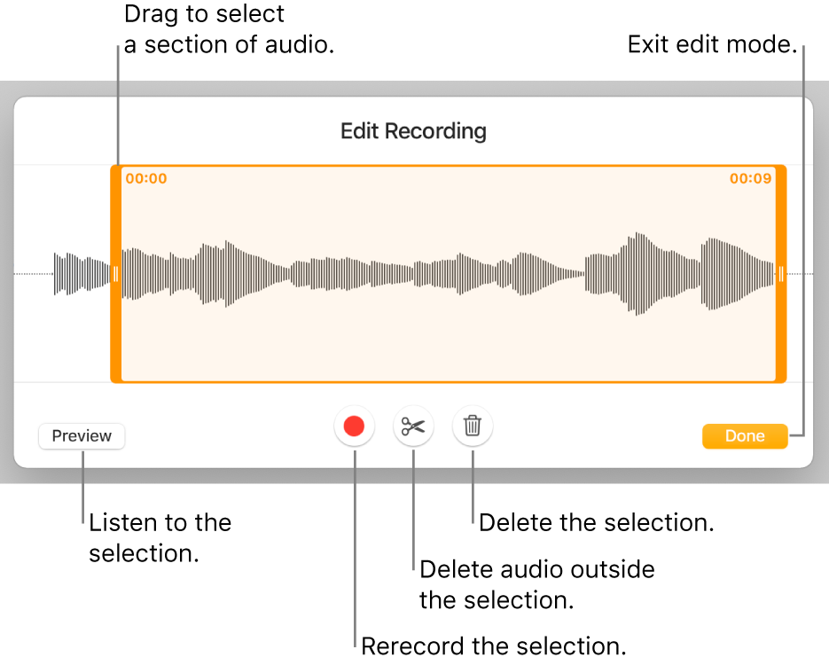 Controls for editing recorded audio. Handles indicate the selected section of the recording, and Preview, Record, Trim, Delete and Edit Mode buttons are below.