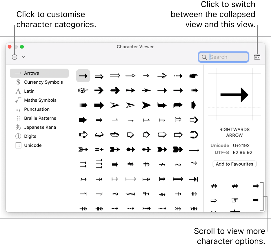 The expanded Character Viewer showing special characters and symbols, a menu for different categories of symbols on the left and a button in the top-right corner that allows you to return to the collapsed view.