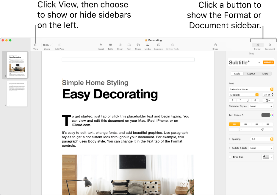 The Pages window with a call out to the View menu button and Format and Document buttons in the toolbar. Sidebars are open on the left and right.