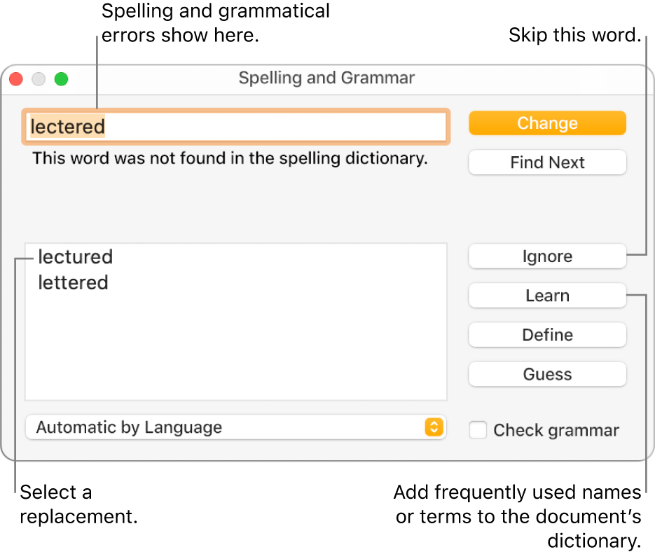 The Spelling and Grammar window.