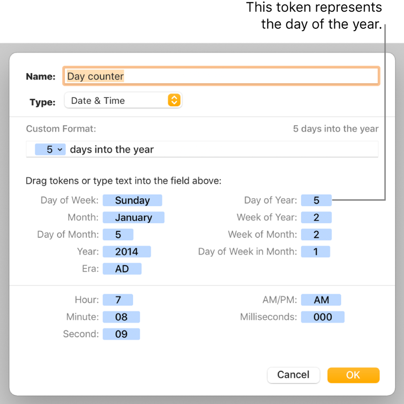 The custom cell format window with controls for choosing custom date and time formatting.