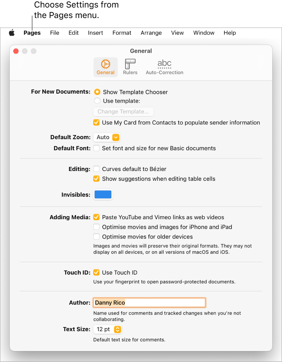 Pages Settings window open to the General pane, with settings for new documents, default zoom and font, editing, equations, invisibles, adding media, Touch ID, author name and default text size.