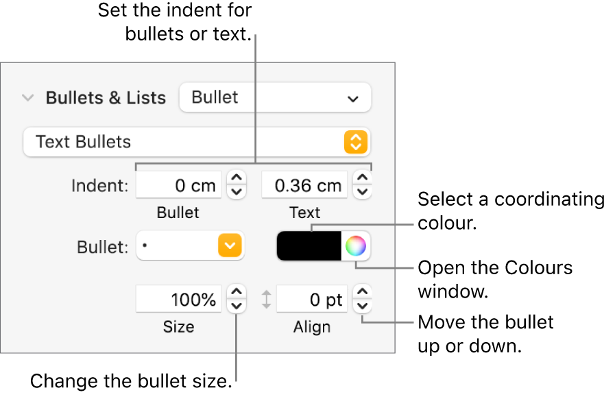 The Bullets and Lists section with a call out to the controls for bullet and text indent, bullet colour, bullet size and alignment.