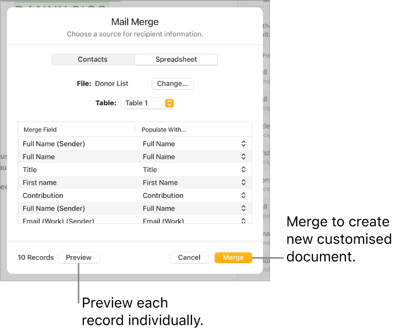 Mail Merge pane open, with options to change the source file or table, preview the merge field names or individual records or merge the document.