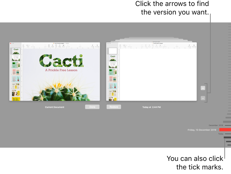 The versions timeline showing the current document on the left and a recent version on the right.