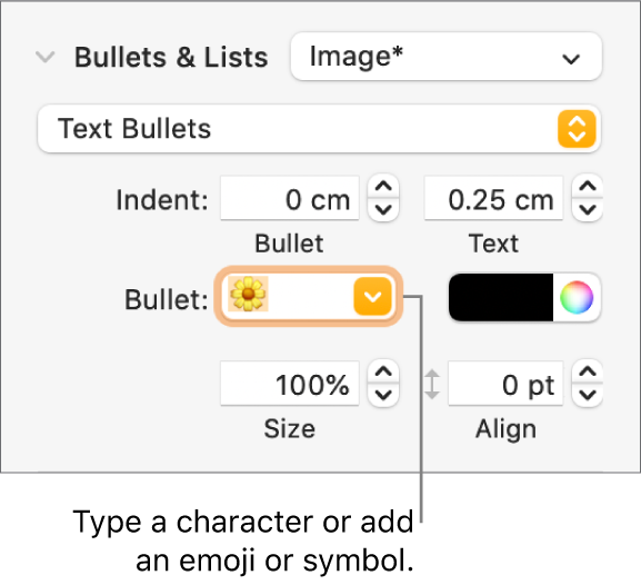 The Bullets & Lists section of the Format sidebar. The Bullet field shows a flower emoji.