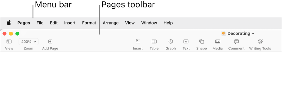 The menu bar at the top of the screen with Apple, Pages, File, Edit, Insert, Format, Arrange, View, Window and Help menus. Below the menu bar is an open Pages document with toolbar buttons across the top for View, Zoom, Add Page, Insert, Table, Graph, Text, Shape, Media, Comment, Share and Format.