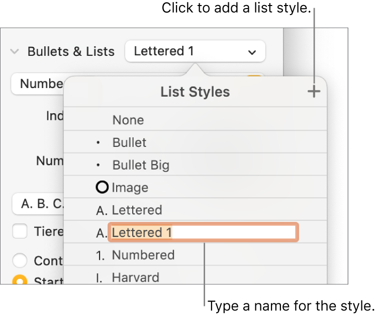 The List Styles pop-up menu with an Add button in the top-right corner and a placeholder style name with its text selected.