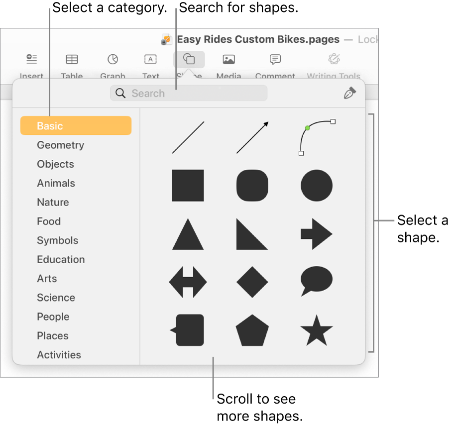 The shapes library, with categories listed on the left and shapes displayed on the right. You can use the search field at the top to find shapes and scroll to see more.