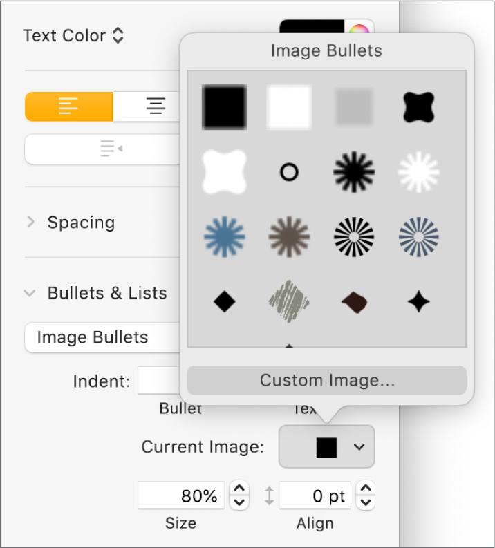 The Image Bullets pop-up menu.