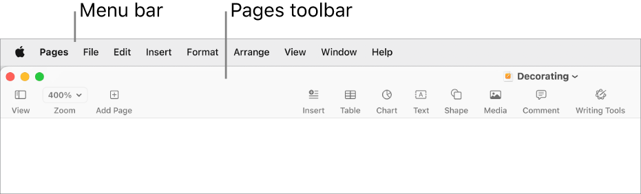 The menu bar at the top of the screen with Apple, Pages, File, Edit, Insert, Format, Arrange, View, Share, Window and Help menus. Below the menu bar is an open Pages document with toolbar buttons across the top for View, Zoom, Add Page, Insert, Table, Chart, Text, Shape, Media and Comment.