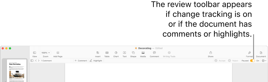 The Pages toolbar with change tracking turned on and the review toolbar below the Pages toolbar.