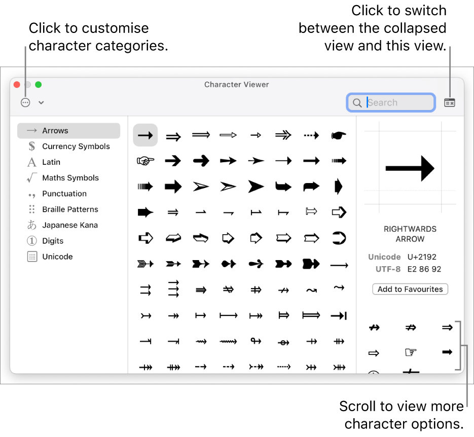 The expanded Character Viewer showing special characters and symbols, a menu for different categories of symbols on the left and a button in the top-right corner that allows you to return to the collapsed view.