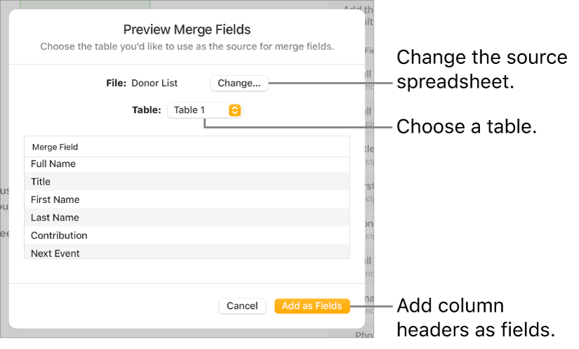 Preview Merge Fields pane open, with options to change the source file or table, preview the merge field names or add the column headers as fields.