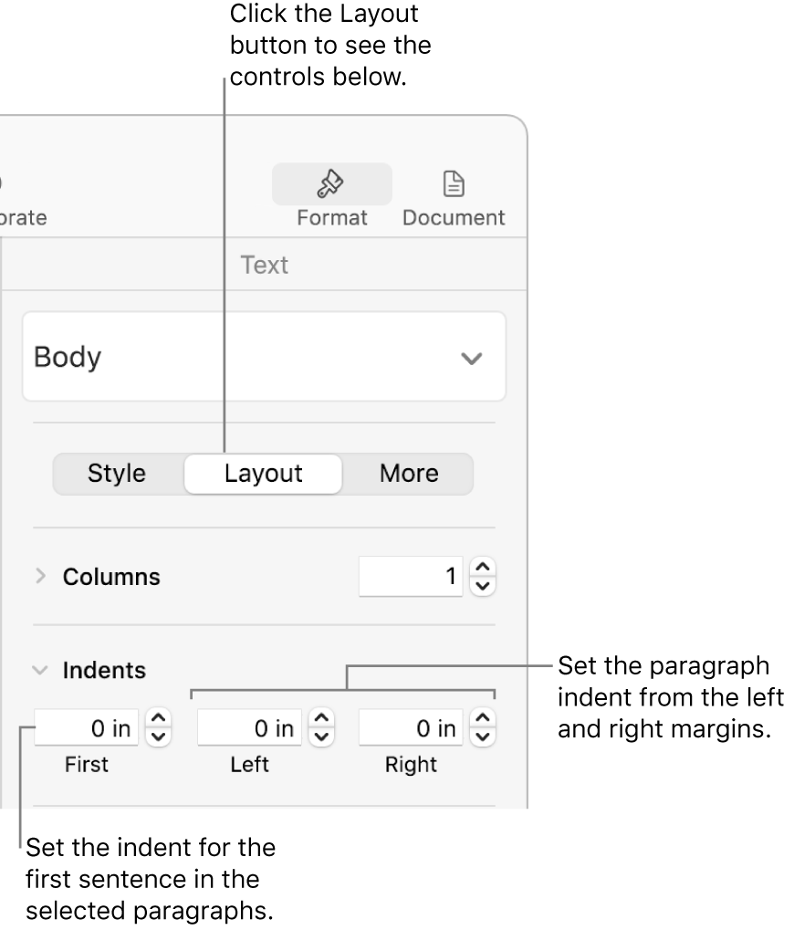 Controls in the Layout section of the Format sidebar for setting first line indent.