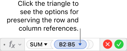 The Formula Editor with a triangle that you click to open options for preserving the row and column references.