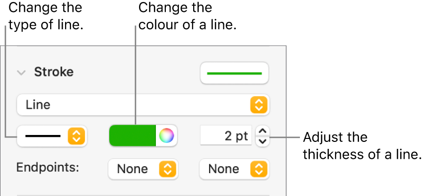 The stroke controls for setting endpoints, line thickness and colour.