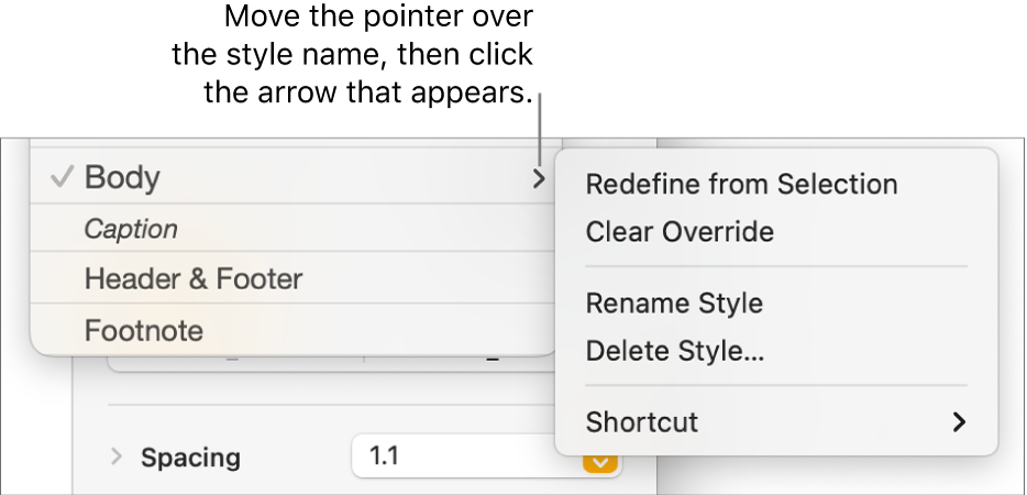 The Paragraph Styles menu with the shortcut menu open.