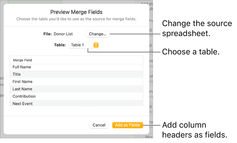 Preview Merge Fields pane open, with options to change the source file or table, preview the merge field names, or add the column headers as fields.