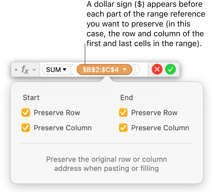 The Formula Editor showing Preserve Row and Preserve Column options selected for a certain range.