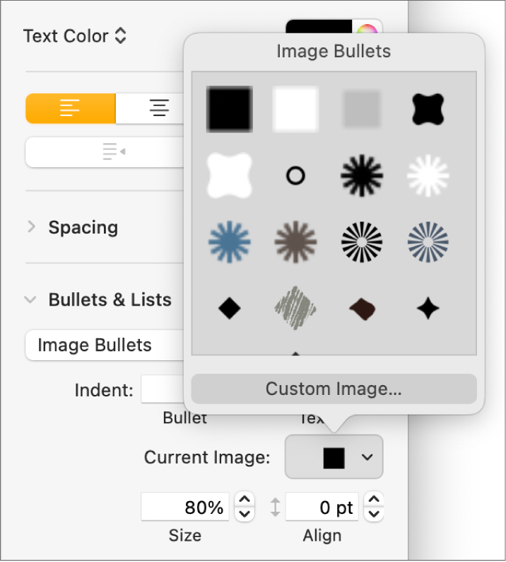 The Image Bullets pop-up menu.