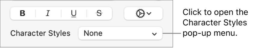 The Character Styles pop-up menu below controls for changing the text style and color.
