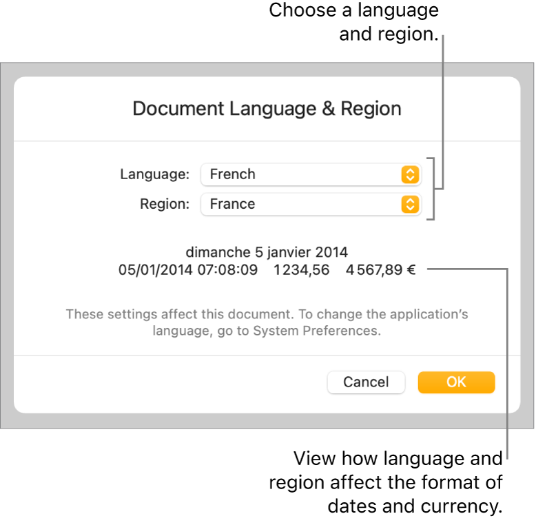 Language & Region pane with controls for language and region, and a format example including date, time, decimal, and currency.