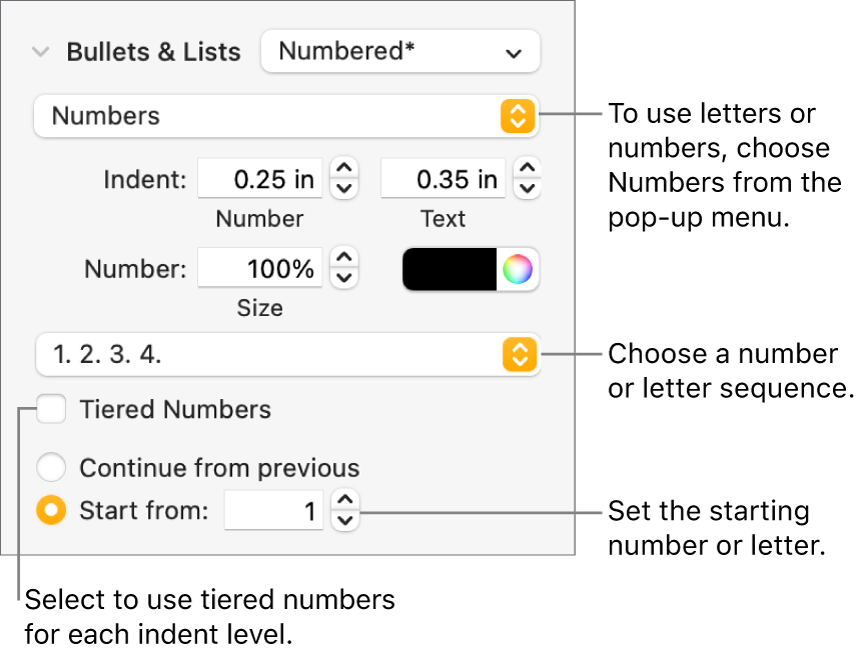 Controls for changing the number style and spacing of a list.