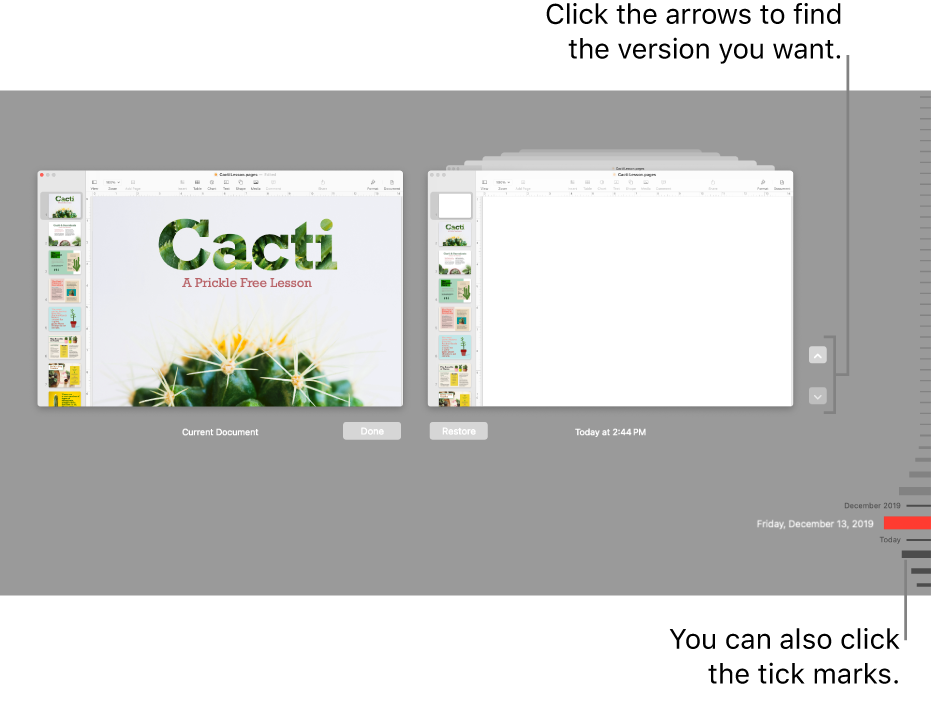 The versions timeline showing the current document on the left and a recent version on the right.