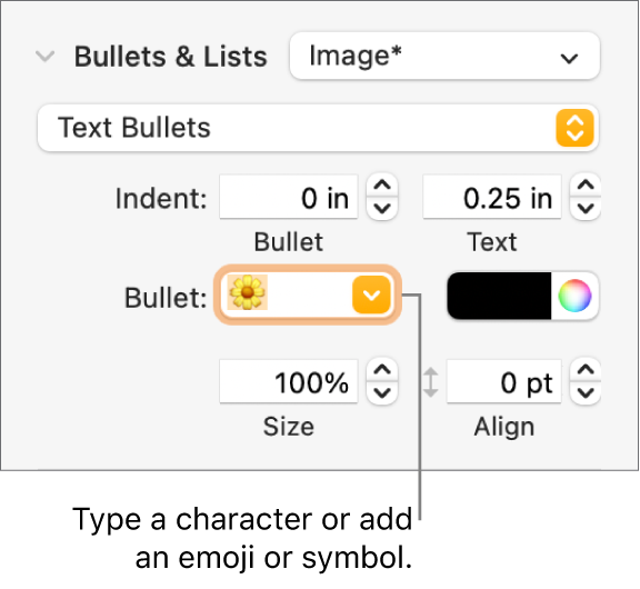 The Bullets & Lists section of the Format sidebar. The Bullet field shows a flower emoji.