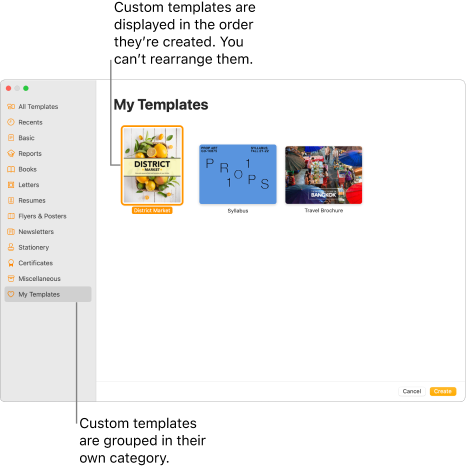 The template chooser with My Templates as the last category on the left. Custom templates are displayed in the order they’re created and can’t be rearranged.