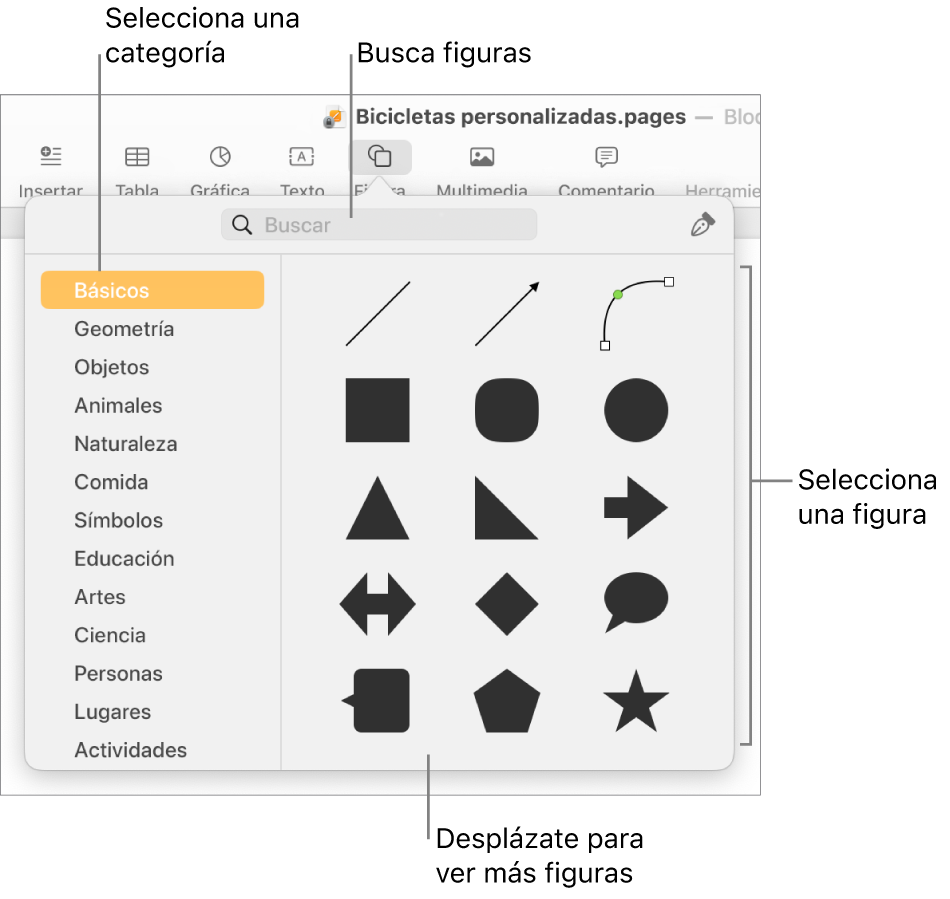 La biblioteca de figuras, con las categorías enumeradas a la izquierda y las figuras mostradas a la derecha. Puedes usar el campo de búsqueda de la parte superior para buscar figuras o desplazarse para ver más.