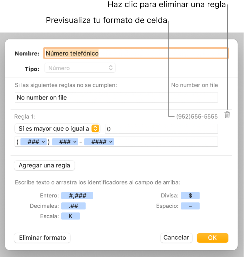 La ventana de formato de celda personalizado con controles para seleccionar formatos numéricos personalizados.