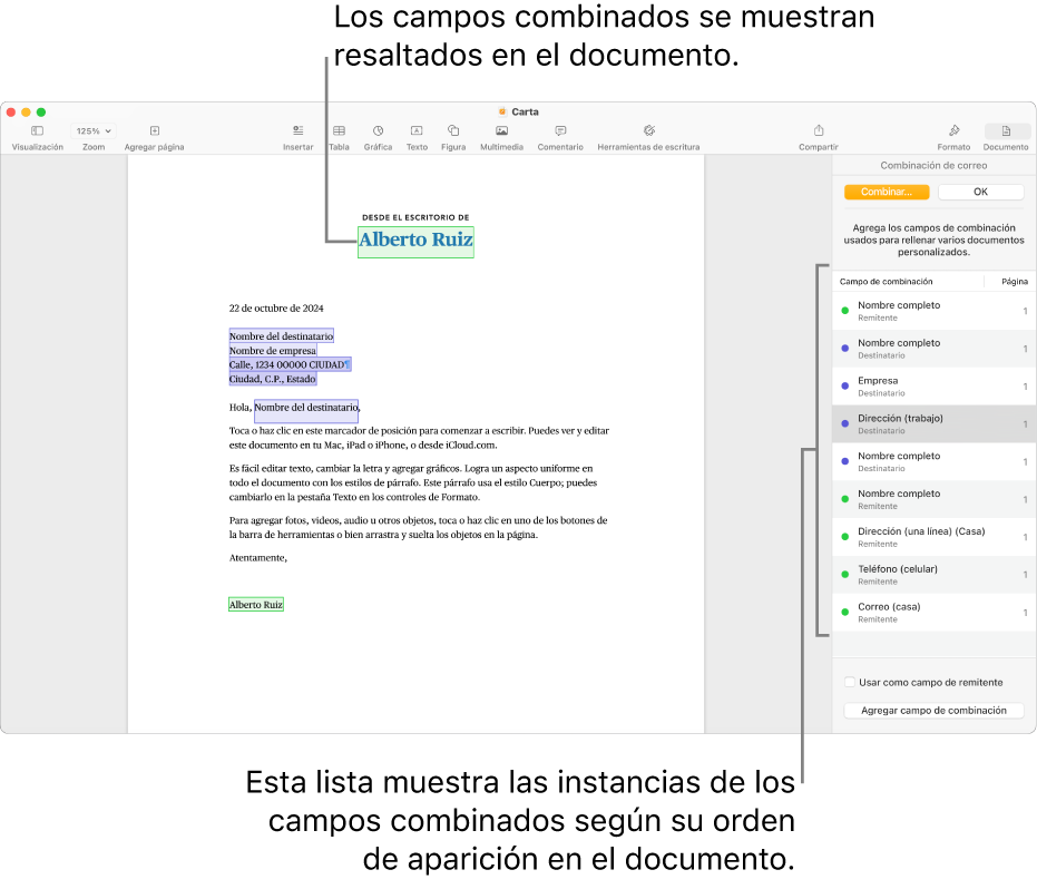 Documento de Pages con campos de combinación del remitente y del destinatario, y la lista de casos de campos de combinación visible en la barra lateral del documento.