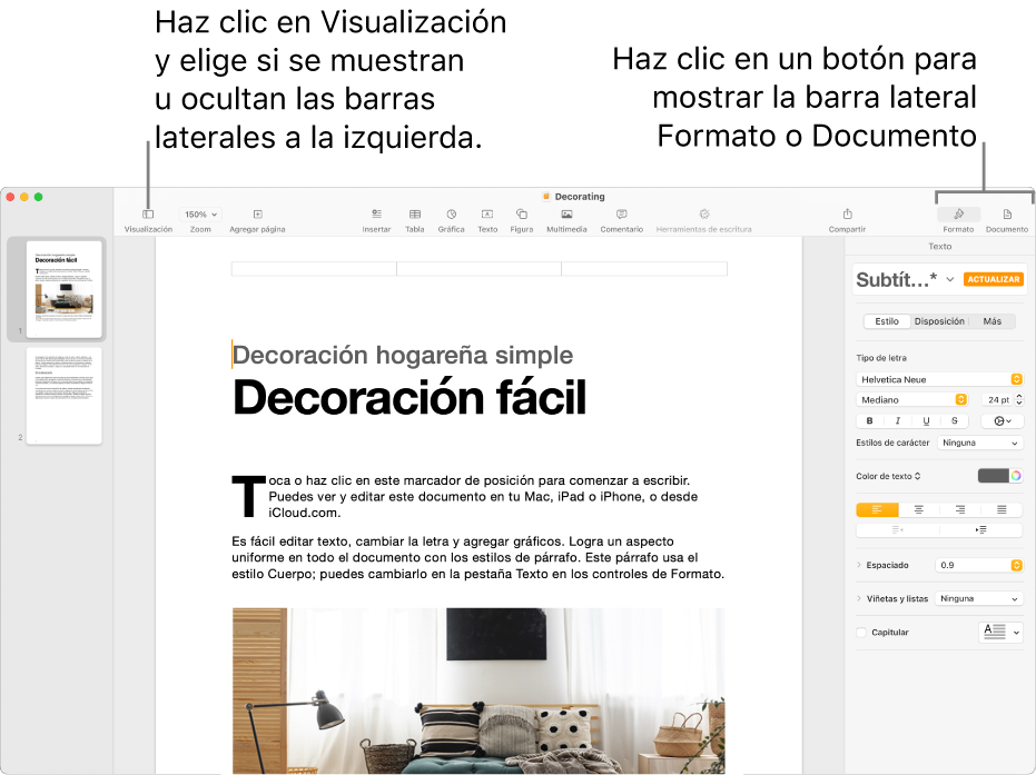Ventana de Pages con mensajes en el botón del menú Visualización y en los botones Formato y Documento de la barra de herramientas. Barras laterales abiertas a izquierda y derecha.