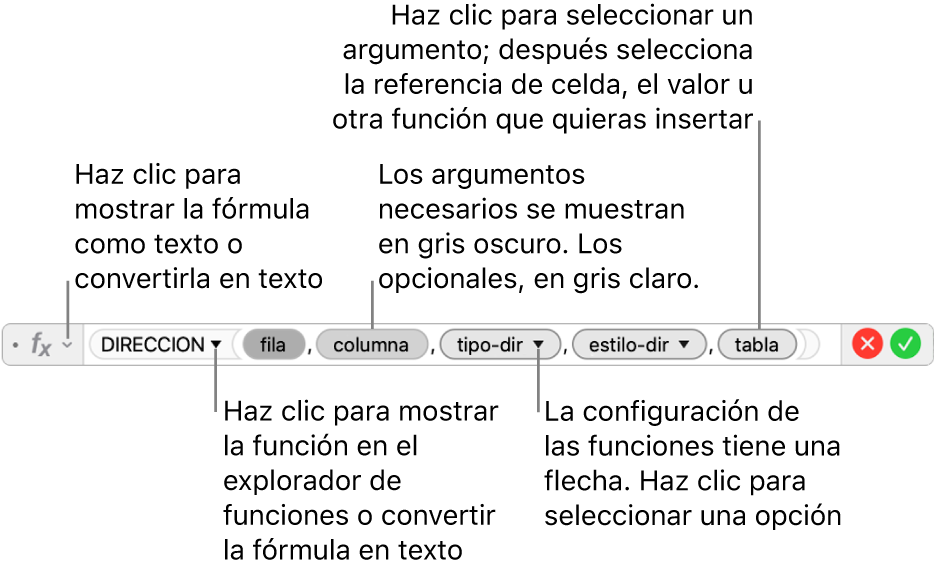 El editor de fórmulas con la función DIRECCIÓN y sus identificadores de argumentos.