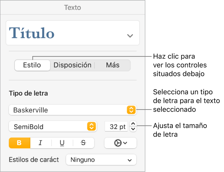Controles de texto de la sección Estilo de la barra lateral Formato para ajustar el tamaño y el tipo de letra.