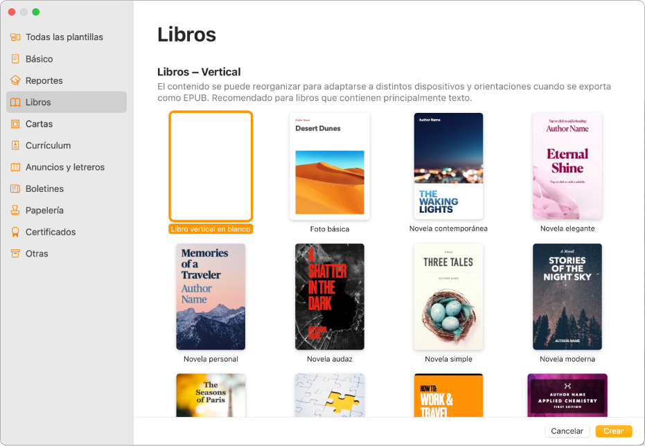 El selector de plantillas con Libros seleccionado en la lista de categorías de la izquierda, y plantillas de libros con orientación vertical a la derecha.