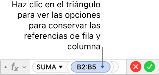 El editor de fórmulas con un triángulo en el que puedes hacer clic para abrir opciones para conservar tus preferencias de fila y columna.