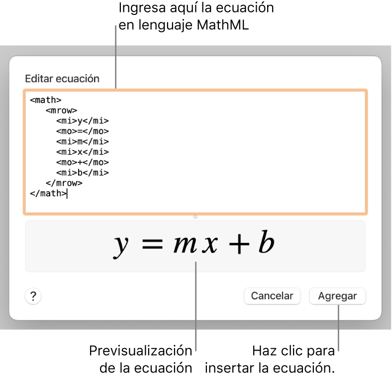 La ecuación de la pendiente de una recta en el campo Editar ecuación y la vista previa de la fórmula a continuación.