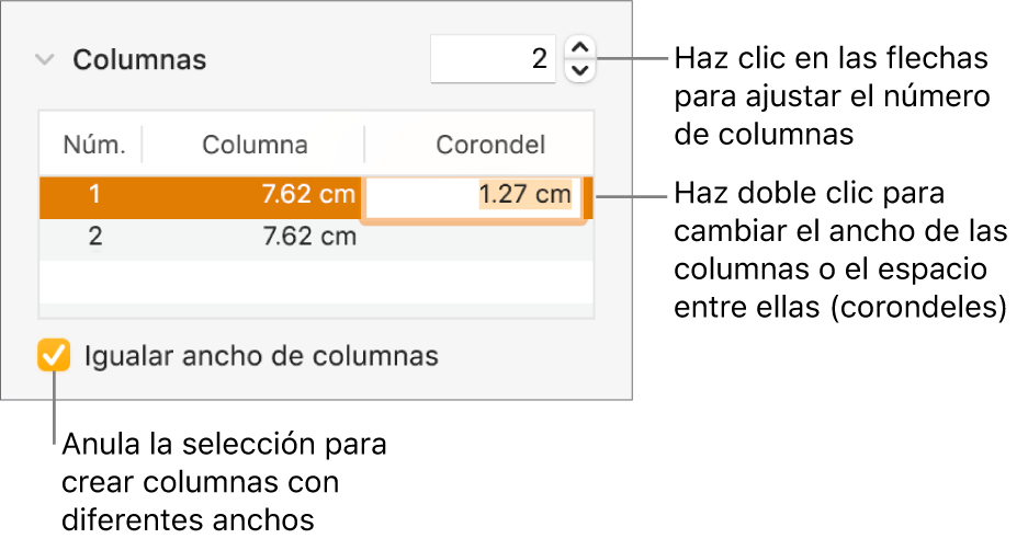 Panel Disposición del Inspector de formatos mostrando los controles de columna.